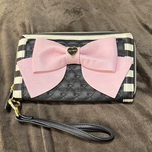 Betsey Johnson Pink Bow Black Striped Wristlet